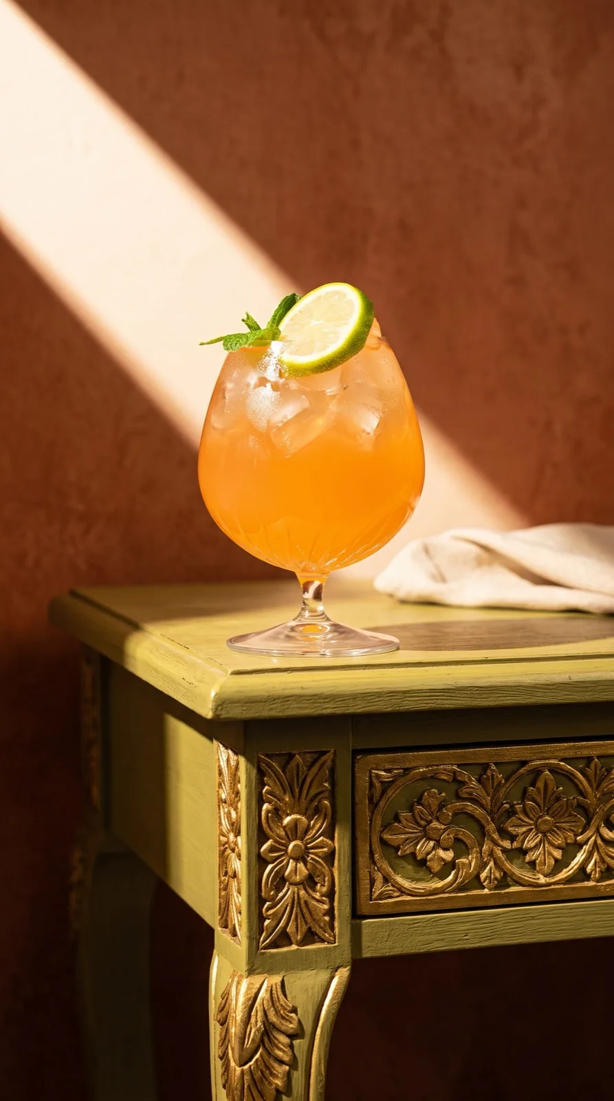 Signature cocktail on a carved side table